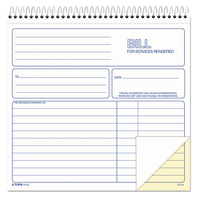 Bill for Services Rendered Book, Two-Part Carbonless, 8.5 x 7.75, 50 Forms Total