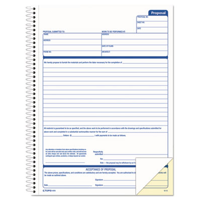 Spiralbound Proposal Form Book, Two-Part Carbonless, 11 x 8.5, 50 Forms Total