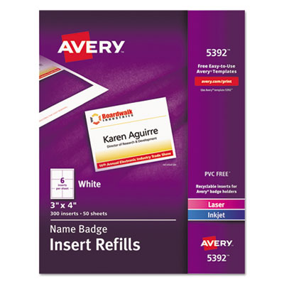 Name Badge Insert Refills, Horizontal/Vertical, 3 x 4, White, 300/Box