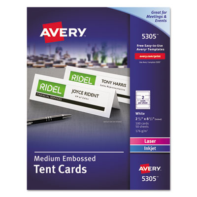 Medium Embossed Tent Cards, White, 8.5 x 2.5, 2 Cards/Sheet, 50 Sheets/Box