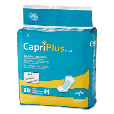 Capri Plus Bladder Control Pads, Extra Plus, 6.5" x 13.5", 28/Pack, 6/Carton