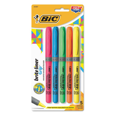 Brite Liner Grip Pocket Highlighter, Assorted Ink Colors, Chisel Tip, Assorted Barrel Colors, 5/Set