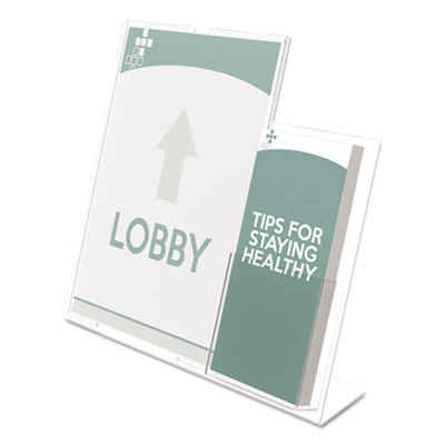 Superior Image Slanted Sign Holder with Side Pocket, 13.5w x 4.25d x 10.88h, Clear