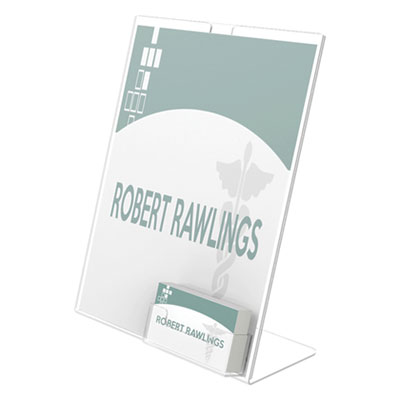 Superior Image Slanted Sign Holder with Business Card Holder, 8.5w x 4.5d x 11h, Clear