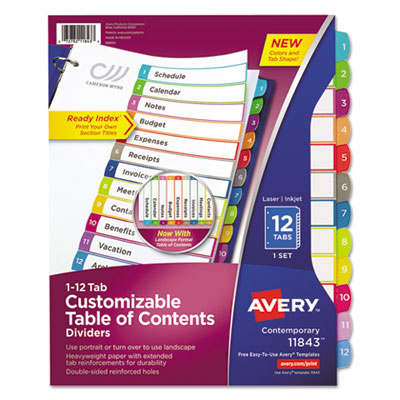 Customizable TOC Ready Index Multicolor Tab Dividers, 12-Tab, 1 to 12, 11 x 8.5, White, Contemporary Color Tabs, 1 Set