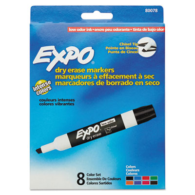 Low-Odor Dry-Erase Marker, Broad Chisel Tip, Assorted Colors, 8/Set