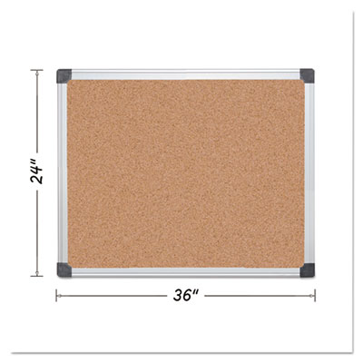 Value Cork Bulletin Board with Aluminum Frame, 24" x 36", Tan Surface, Satin Aluminum Frame