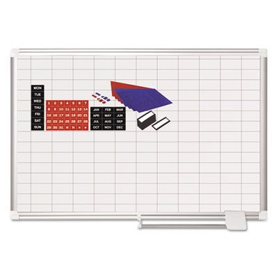 Gridded Magnetic Steel Dry Erase Project Planning Board, 1" x 2" Cells, 36" x 24", White Surface, Satin Aluminum Frame