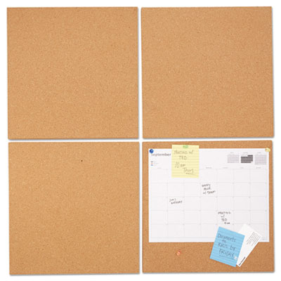 Cork Tile Panels, Classic Synthetic Cork Surface, 12" x 0.38" x 12", Brown, 4/Pack