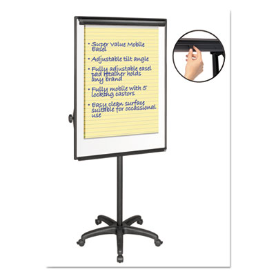 Silver Easy Clean Dry Erase Mobile Presentation Easel, 27.5" x 39", White Surface, Black Aluminum/Steel Frame