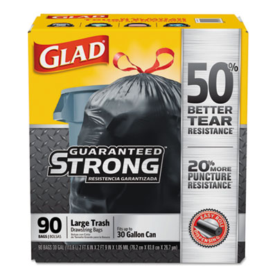 Guaranteed Strong Large Drawstring Trash Bags, Three-Ply, 30 gal, 1.05 mil, 30" x 33", Black, 90/Carton