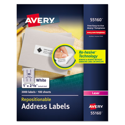 Repositionable Address Labels w/SureFeed, Laser, 1 x 2.63, White, 3000/Box