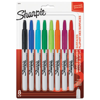 Retractable Permanent Marker, Fine Bullet Tip, Assorted Colors, 8/Set