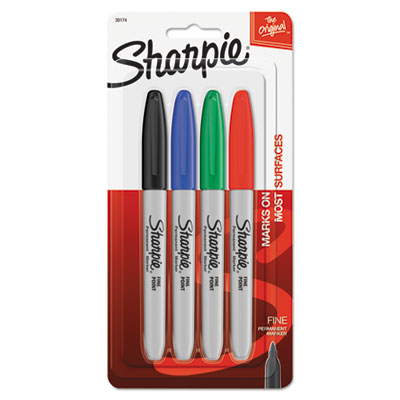 Fine Tip Permanent Marker, Fine Bullet Tip, Assorted Colors, 4/Set