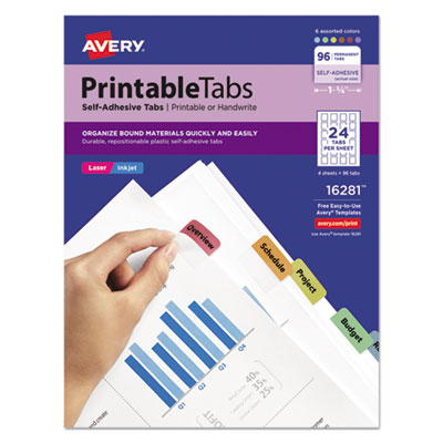 Printable Plastic Tabs with Repositionable Adhesive, 1/5-Cut, Assorted Colors, 1.25" Wide, 96/Pack