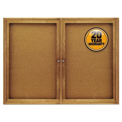 Enclosed Indoor Cork Bulletin Board with Two Hinged Doors, 48" x 36", Tan Surface, Oak Finished Fiberboard (MDF) Frame