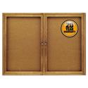 Enclosed Indoor Cork Bulletin Board with Two Hinged Doors, 48" x 36", Tan Surface, Oak Finished Fiberboard (MDF) Frame