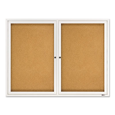 Enclosed Indoor Cork Bulletin Board with Two Hinged Doors, 48" x 36", Tan Surface, Satin Aluminum Frame