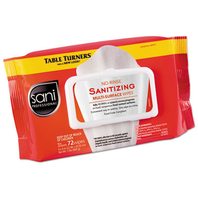 No-Rinse Sanitizing  Multi-Surface Wipes, 1-Ply, 8 x 9, Unscented, White, 72 Wipes/Pack, 12 Packs/Carton