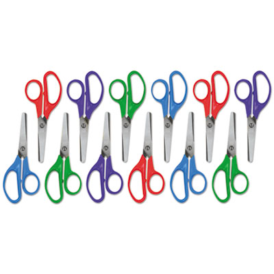 Kids' Scissors, Rounded Tip, 5" Long, 1.75" Cut Length, Straight Assorted Color Handles, 12/Pack