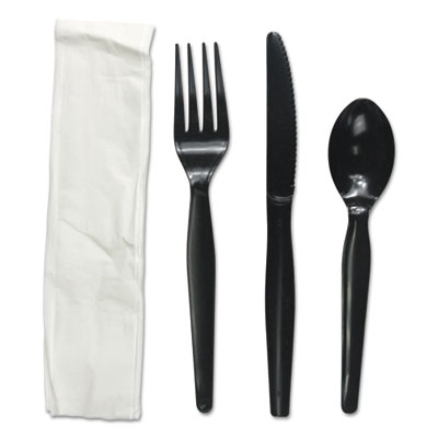 Four-Piece Cutlery Kit, Fork/Knife/Napkin/Teaspoon, Heavyweight, Black, 250/Carton