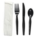 Four-Piece Cutlery Kit, Fork/Knife/Napkin/Teaspoon, Heavyweight, Black, 250/Carton