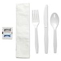 Six-Piece Cutlery Kit, Condiment/Fork/Knife/Napkin/Teaspoon, White, 250/Carton