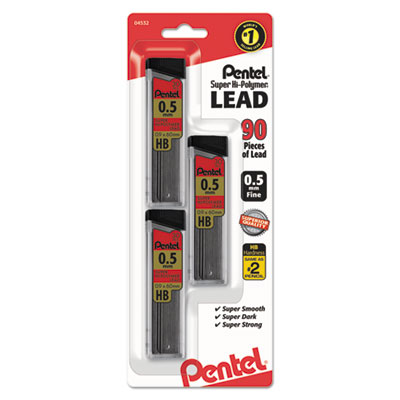 Super Hi-Polymer Lead Refills, 0.5 mm, HB, Black, 30/Tube, 3 Tubes/Pack