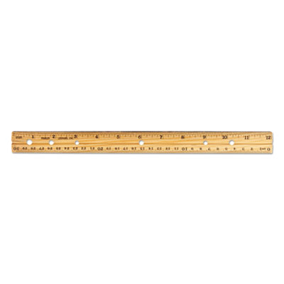 Beveled Wood Ruler w/Single Metal Edge, 3-Hole Punched, Standard/Metric, 12" Long, Natural, 36/Box