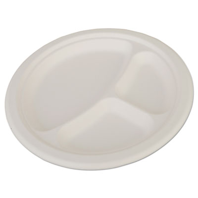 ChampWare Heavyweight Bagasse Dinnerware, Plate, 3-Compartment, 10" dia, White, 500/Carton