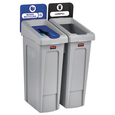 Slim Jim Recycling Station Kit, 2-Stream Landfill/Mixed Recycling, 46 gal, Plastic, Blue/Gray