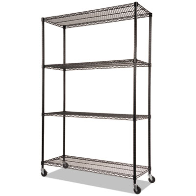 NSF Certified 4-Shelf Wire Shelving Kit with Casters, 48w x 18d x 72h, Black