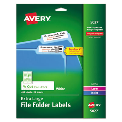 Extra-Large TrueBlock File Folder Labels with Sure Feed Technology, 0.94 x 3.44, White, 18/Sheet, 25 Sheets/Pack