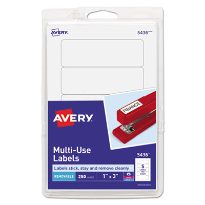 Removable Multi-Use Labels, Inkjet/Laser Printers, 1 x 3, White, 5/Sheet, 50 Sheets/Pack, (5436)