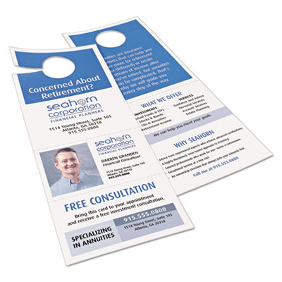 Door Hanger with Tear-Away Cards, 97 Bright, 65 lb Cover Weight, 4.25 x 11, White, 2 Hangers/Sheet, 40 Sheets/Pack