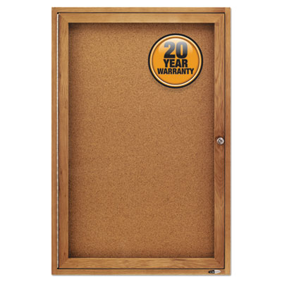 Enclosed Indoor Cork Bulletin Board with One Hinged Door, 24" x 36", Tan Surface, Oak Finished Fiberboard (MDF) Frame