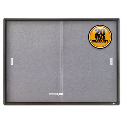 Enclosed Indoor Cork/Fabric Bulletin Board with 2 Sliding Glass Doors, 48" x 36", Gray Surface, Graphite Gray Aluminum Frame