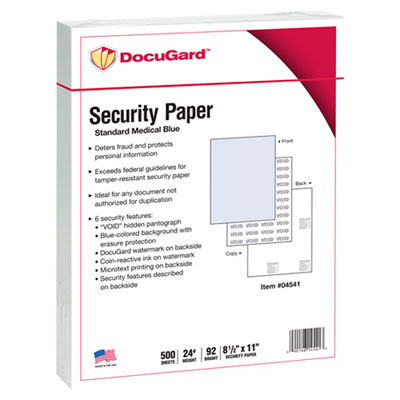 Medical Security Papers, 24 lb Bond Weight, 8.5 x 11, Blue, 500/Ream