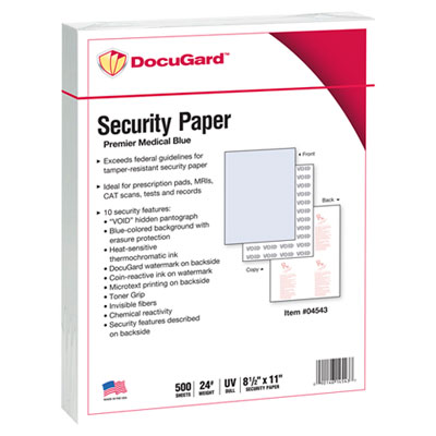 Medical Security Papers, 24 lb Bond Weight, 8.5 x 11, Blue, 500/Ream