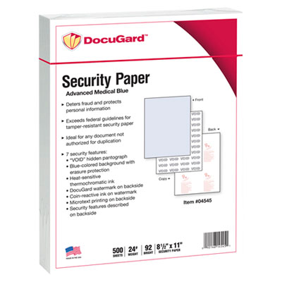 Medical Security Papers, 24 lb Bond Weight, 8.5 x 11, Blue, 500/Ream