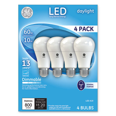 LED Daylight A19 Dimmable Light Bulb, 10 W, 4/Pack