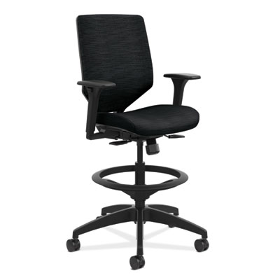 Solve Series Upholstered Back Task Stool, Supports Up to 300 lb, 23" to 33" Seat Height, Ink Seat/Back, Black Base