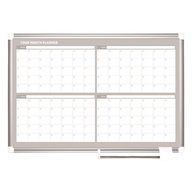 Magnetic Dry Erase Calendar Board, Four-Month Planning/Scheduling, 36" x 24", White Surface, Satin Aluminum Frame