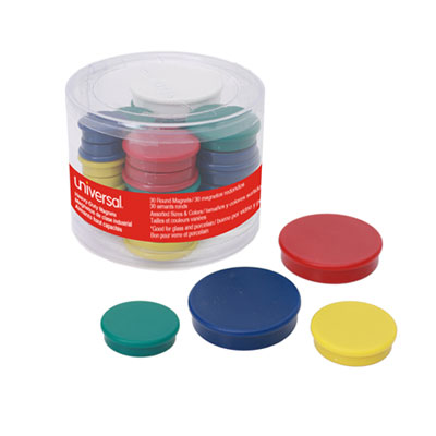 High-Intensity Assorted Magnets, Circles, Assorted Colors, 0.75", 1.25" and 1.5" Diameters, 30/Pack