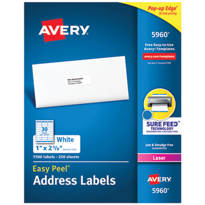 Easy Peel White Address Labels w/ Sure Feed Technology, Laser Printers, 1 x 2.63, White, 30/Sheet, 250 Sheets/Pack