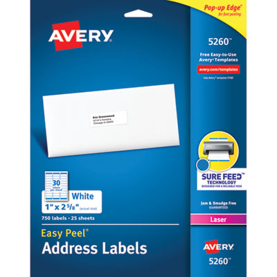 Easy Peel White Address Labels w/ Sure Feed Technology, Laser Printers, 1 x 2.63, White, 30/Sheet, 25 Sheets/Pack