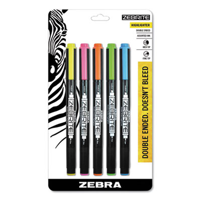 Zebrite Eco Double-Ended Highlighter, Assorted Ink Colors, Medium-Chisel/Fine-Bullet Tips, Assorted Barrel Colors, 5/Set