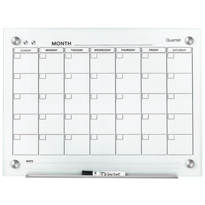 Infinity Magnetic Glass Calendar Board, Monthly Planning/Scheduling, 24" x 18", White Surface