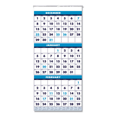 Recycled Three-Month Format Wall Calendar, Vertical Orientation, 12.25 x 26, White Sheets, 14-Month: Dec 2024 to Jan 2026