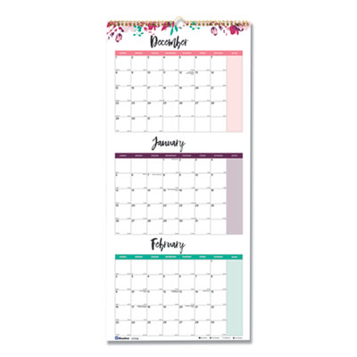 3-Month Wall Calendar, Colorful Leaves Artwork, 12.25 x 27, White/Multicolor Sheets, 14-Month (Dec to Jan): 2025